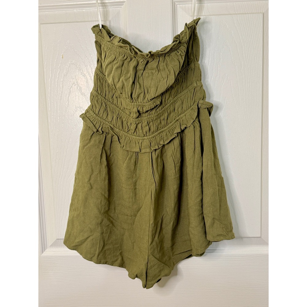 Princess Polly Romper Women Size 2 Boho Olive Green Smocked Linen Blend